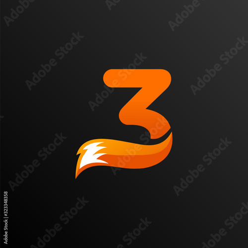 Initial Number 3 with Fox Tail Logo Design