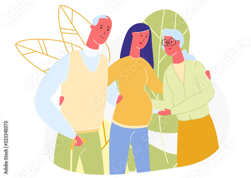 Pregnant Woman Hugs Elderly Parents. People Walk in the Park. Vector Illustration. Meeting with Parents. Communication with Relatives. Family Spend Time Together. Family Situation. Family Waiting Baby