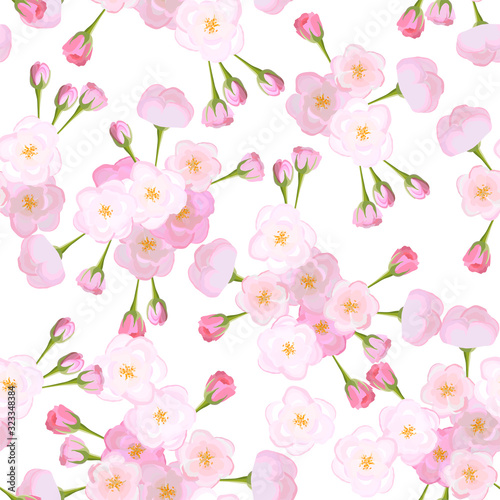 Vector bright cherry flowers on white background seamless