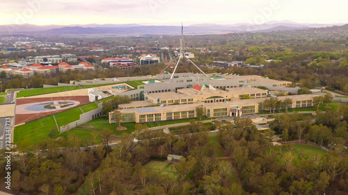Aerial drone view of Australian Parliament House in Canberra, the capital city of Australia, in the early morning 