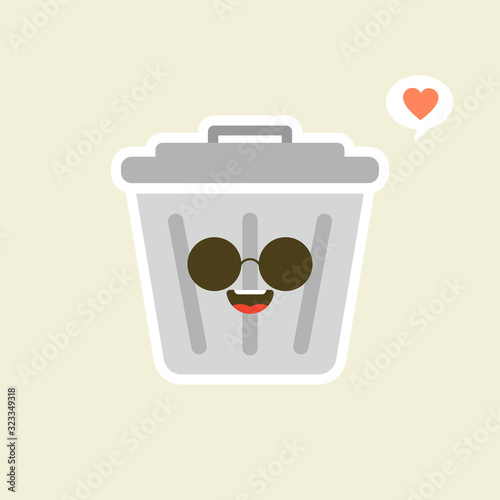 Recycle bin cartoon cute character in kawaii flat style. Tin trash bin. Metal waste container, functional trashcan. City health and function, street beautification and urban design concept. 