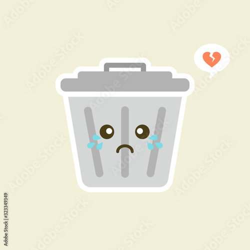 Recycle bin cartoon cute character in kawaii flat style. Tin trash bin. Metal waste container, functional trashcan. City health and function, street beautification and urban design concept. 