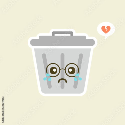Recycle bin cartoon cute character in kawaii flat style. Tin trash bin. Metal waste container, functional trashcan. City health and function, street beautification and urban design concept. 