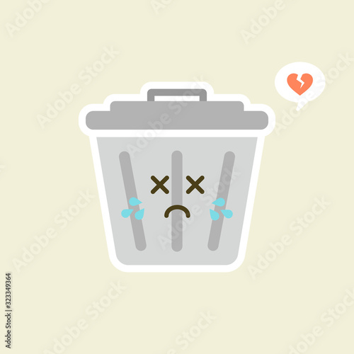 Recycle bin cartoon cute character in kawaii flat style. Tin trash bin. Metal waste container, functional trashcan. City health and function, street beautification and urban design concept. 