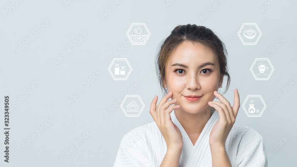 Asian woman facial skin care items treatment, Beautiful girl in spa dress, Asian girl beauty facial face care. Asian woman facial skin care items treatment, Beautiful girl in spa dress, Asian girl beauty facial face care.