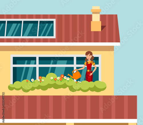 Horticulture Hobby, Household Garden Illustration. Cheerful Lady in Overalls Watering Shrubbery Flat Cartoon Character. Young Gardener. Flowers Growth, Gardening Concept. Flowers bed on Porch