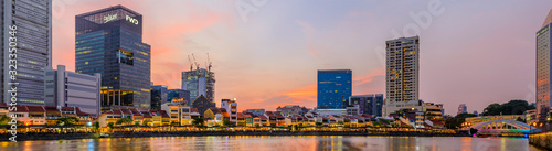 View of central district from Boat Quay and Clarke Quay, during sunset, Singapore 2019