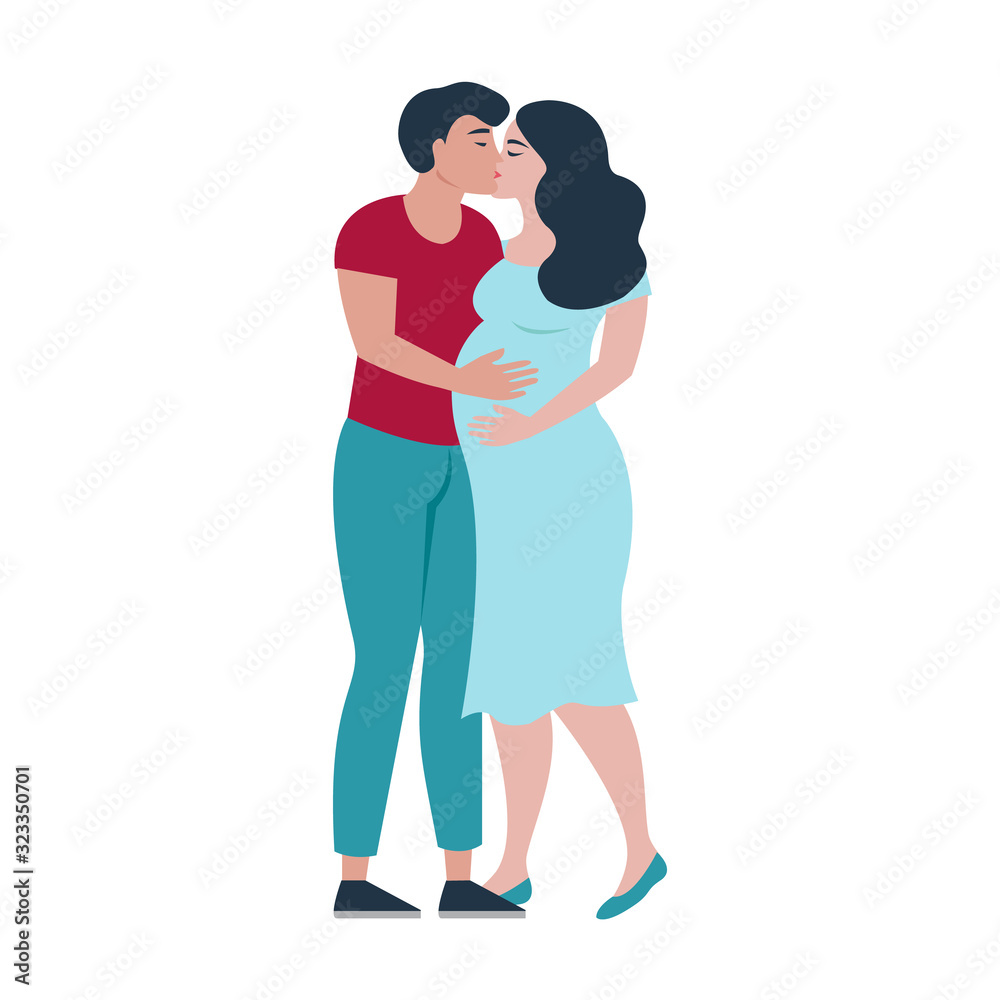 Happy loving young kissing couple waiting for a baby isolated on white background. Pregnant young beautiful woman. Vector illustration