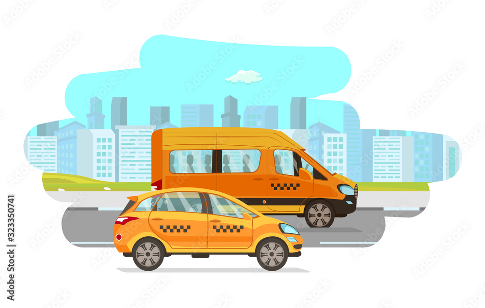 Naklejka premium Taxi Vehicles Flat Vector Cartoon Illustration. Two Cars Riding on Road Isolated Design Element. Automobile Rental, Taxi Cars. Transport Booking Concept Idea. City traffic. Delivery, Shipment