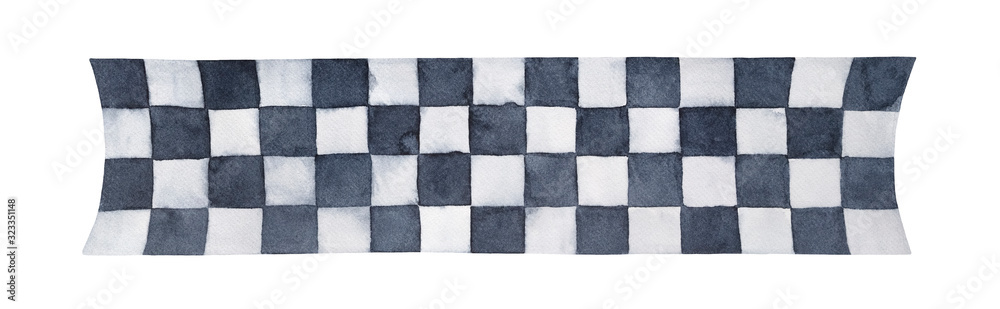 Water color illustration of black and white checkered banner. Hand painted watercolour drawing, cut out clip art element for design decoration, sticker, card, invitation, label, sport event ticket.