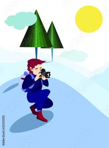 Nature photographer with red hair and backpack, takes photographs in a hillside  park with his camera.  Flat cartoon male character Illustration. Artistic Vector drawing with colorful background.