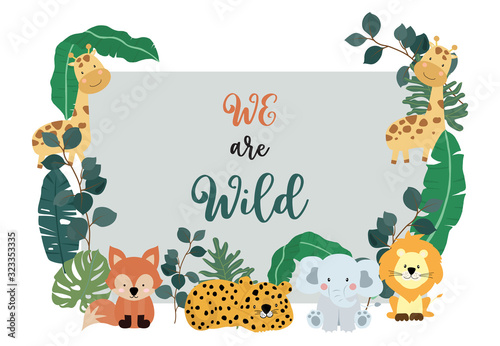 Collection of safari background set with giraffe,zebra,fox,lion.Editable vector illustration for birthday invitation,postcard and sticker.Wording include we are wild