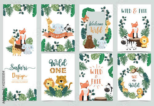 Collection of safari background set with giraffe,zebra,fox,lion.Editable vector illustration for birthday invitation,postcard and sticker.Wording include wild and free