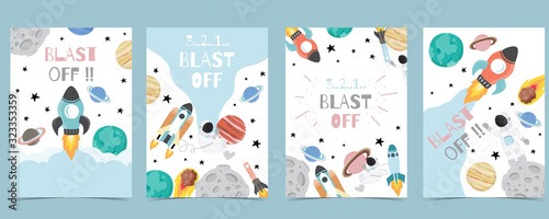 Collection of space background set with astronaut, planet, moon, star,rocket.Editable vector illustration for website, invitation,postcard and sticker.Include wording blast off