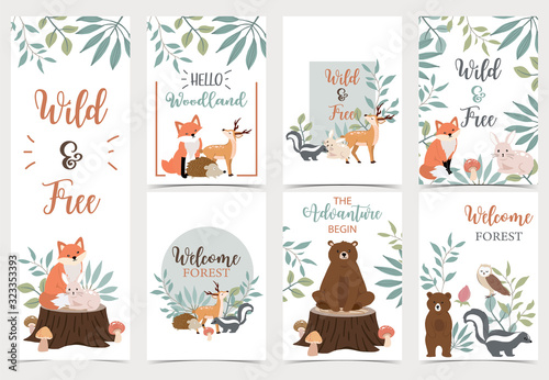 Collection of woodland background set with bear,deer,skunk,fox.Editable vector illustration for website, invitation,postcard and sticker.Wording include the adventure begin photo