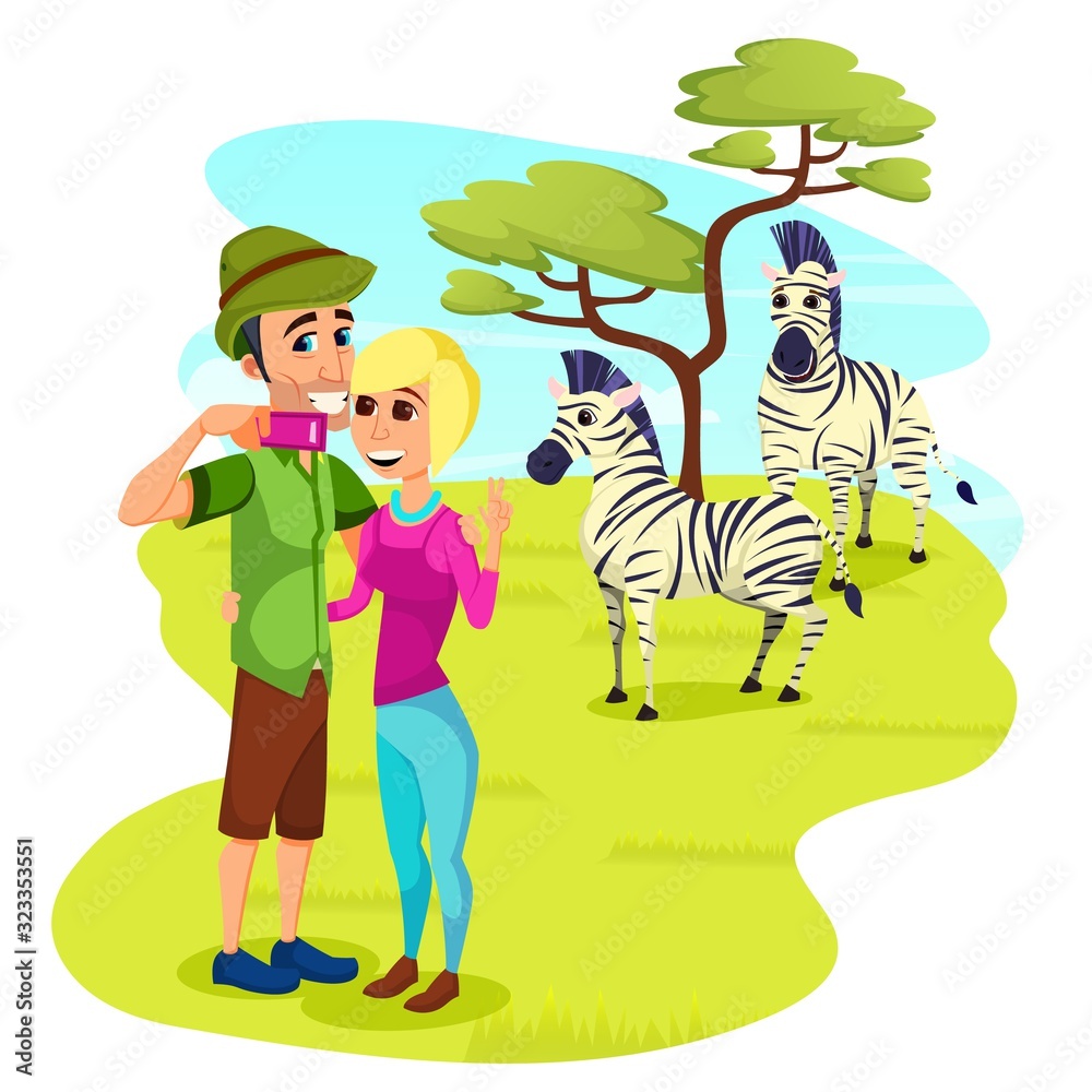 Φωτογραφία People in Zoo, Happy Couple Making Selfie at Animal Park, Man and Woman Photographing on Wild Zebras Walking Behind, Safari, Leisure, Traveling Pastime, Outdoors