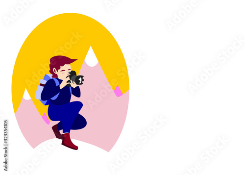 Nature photographer with backpack, takes photographs in a mountain park with his camera  Flat cartoon male character Illustration. Vector drawing isolated on white background with text copy space