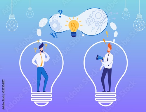 Brainstorm, Idea Creation and Project Discussion Metaphor. Cartoon Businessmen in Big Flat Light Bulbs Sharing Thoughts Support and Refute Plan. Planning, Strategic Development. Vector Illustration