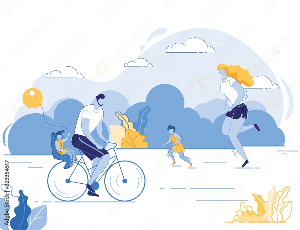 Parents and Children Riding Bike and Jogging on Summer Time Nature Background. Sport, Healthy Lifestyle, Outdoors Bicycle Track Walking, Summertime Holidays Relax. Cartoon Flat Vector Illustration