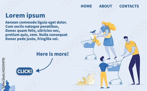 Shopping with Kids. Woman and Man with Children Walking at Supermarket Buying Products. Happy Family Everyday Chores. Adult and Little Customers in Store. Cartoon Flat Vector Illustration, Banner