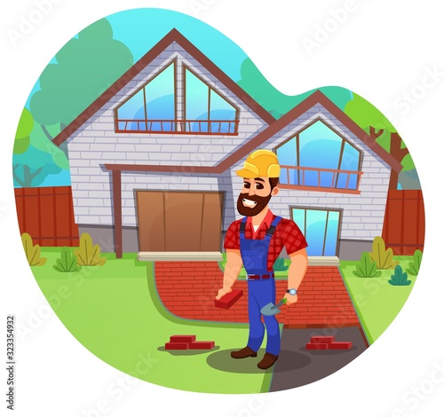 Quiet Suburban Street. Two Storey Private House. Brunet with Big White Toothy Smile, Wearing Working Overalls, Experienced Construction Worker, Tiling Outdoors. Cute Cartoon Character.