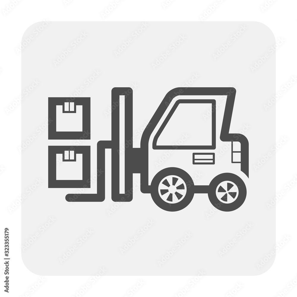 Forklift vector icon. May called fork truck or lift truck. Elevator machine equipment or vehicle for heavy industrial work at storage, port, warehouse and factory by lift up, raise and delivery cargo.