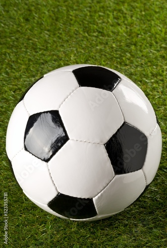 Single soccer ball on green grass lawn background with copy space