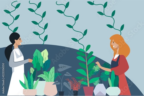 Masterclass Growing Нome Plants, Floristic Course. Two Smiling Girls in Aprons, Redhead and Brunette, Study Care House Deciduous Plants in Pots, Transplant. Flat Vector Illustration