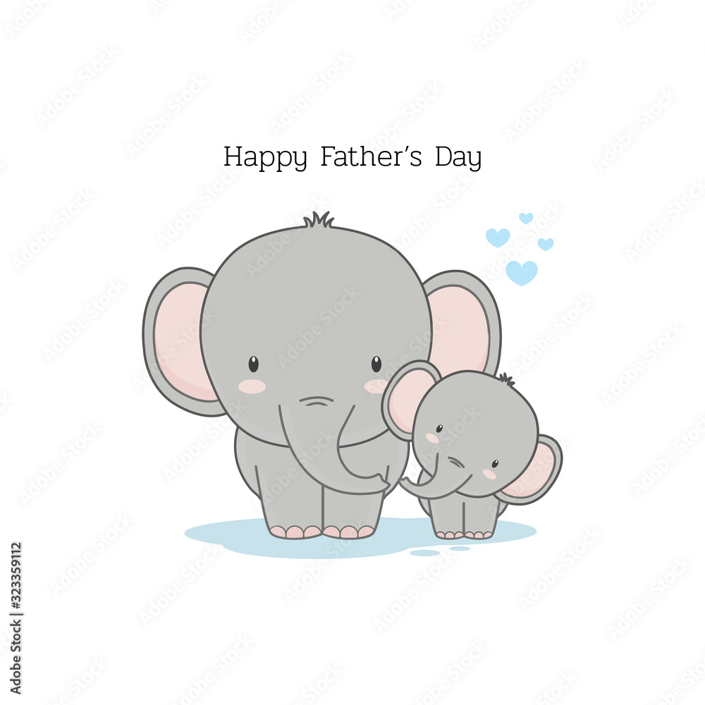 Father's Day card with funny cartoon characters Dad Elephant and his baby