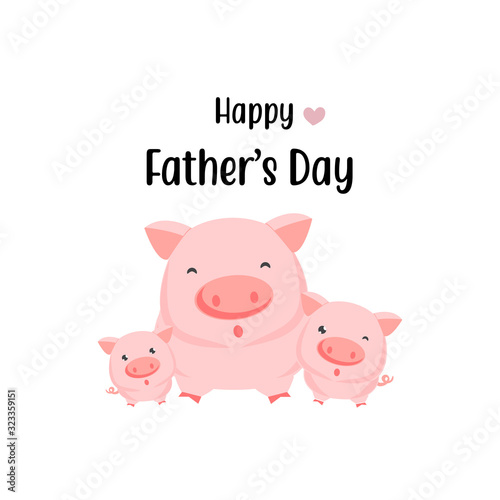 Photo Happy father's day card. Cute pig cartoon dad and baby.