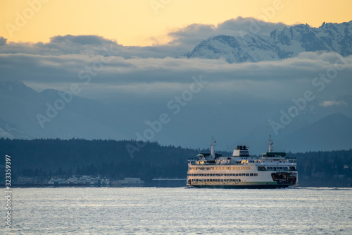 Washington State Ferry Traveling Across Puget Sound In Seattle High Quality Photography