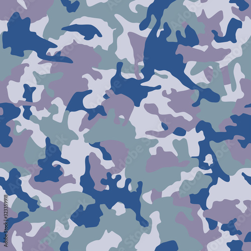 Blue camouflage pattern military backgrounds or  fabric print. Classic clothing style masking camo repeat print. Seamless texture stock vector.
