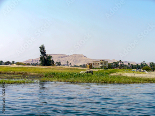 Egyptian landscapes of the desert, Nile and Arab buildings. Travel concept.