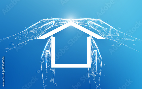 Home icon. House made of hands. Family house insurance