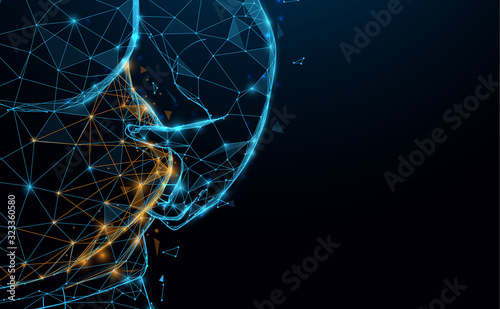 Man touching his fat belly. Man with overweight. Lines, triangles and particle style design