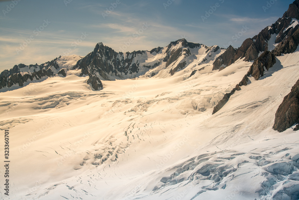 White snow covered mountain slope, New Zealand natural landscape background