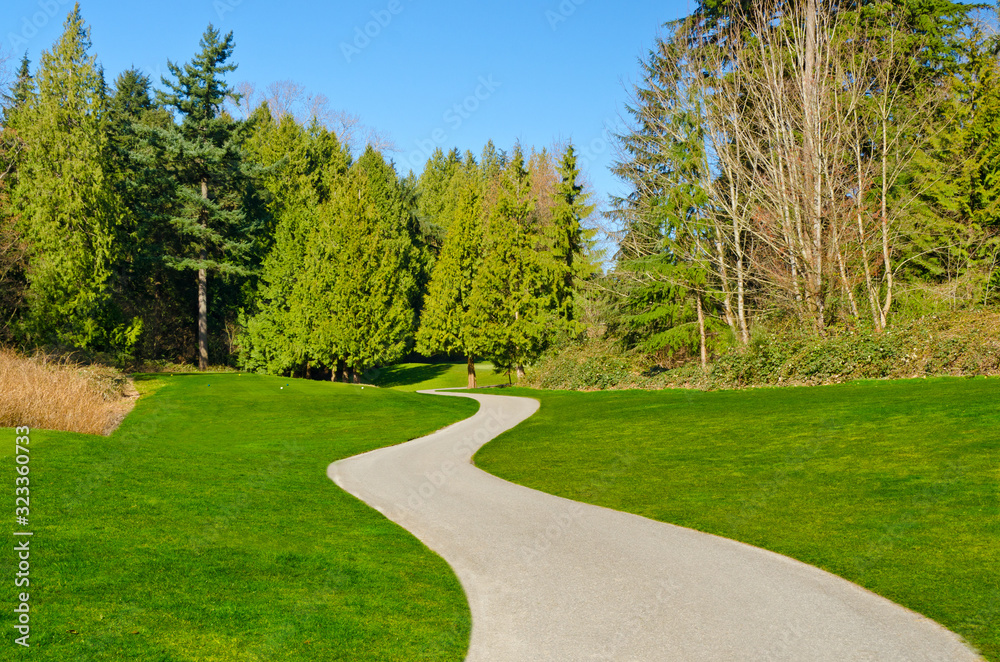 Beautiful golf course with gorgeous green and cart path. Beautiful golf course with gorgeous green and cart path.