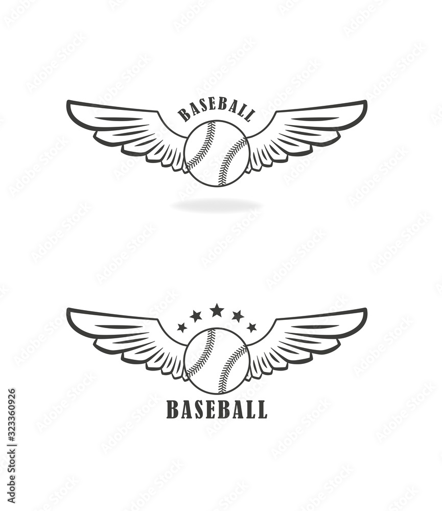 Fototapeta premium Set of black and white illustrations on the theme of baseball. Vector illustration of a baseball ball with wings and text with stars on a white background.