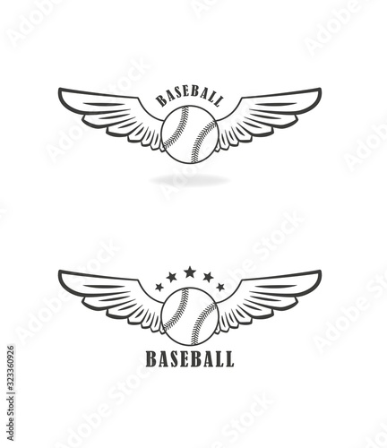 Set of black and white illustrations on the theme of baseball. Vector illustration of a baseball ball with wings and text with stars on a white background.