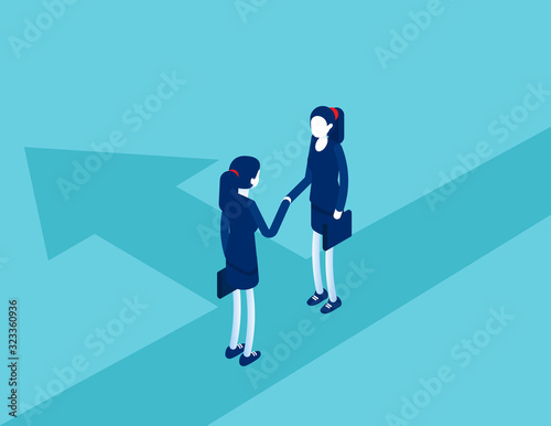 Business in suits shake hands. Business agreement and contract concept. Isometric vector cartoon style design © zenzen