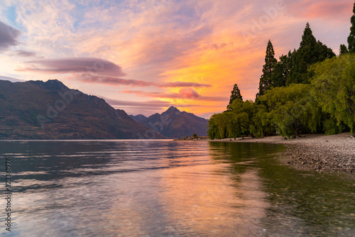 Beautiful after sunset sky over Wanaka lake, New Zealand natural landscape background