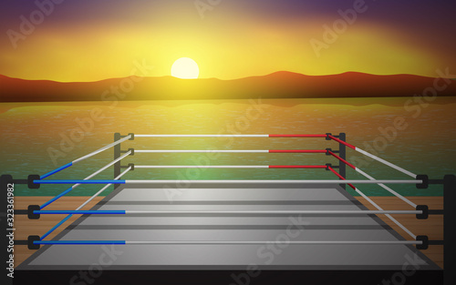 outdoor boxing ring on the wooden floor on the beach