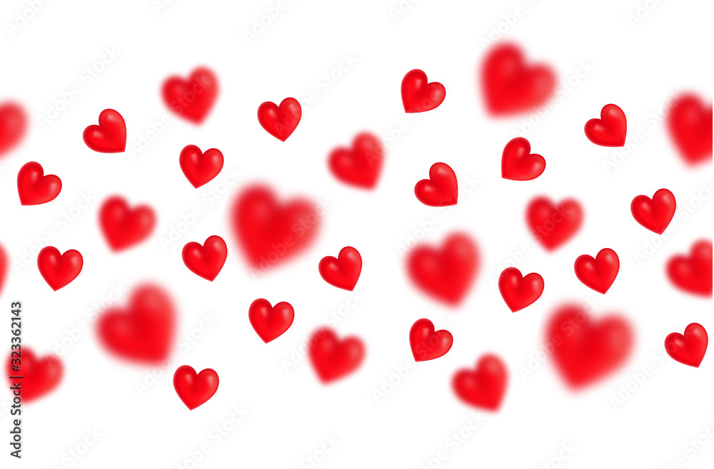 A seamless border of realistic hearts. Love background of red hearts for Happy Valentines Day. Vector illustration isolated on white background. Horizontal banner with love pattern.