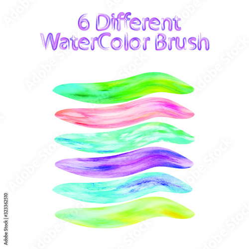 Set of six different watercolor brushes with different Color