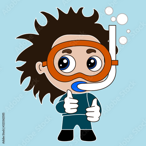 emoticon with frogman or pearler swimming under water with bubbles, pearl diver or fisher wearing an underwater mask or glasses and an air snorkel tube, thumbs up simple colored emoji 