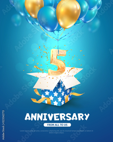 Celebrating of 5 th years birthday vector 3d illustration. Fifth anniversary celebration. Open gift box with explosions confetti and number five flying on balloons on light background