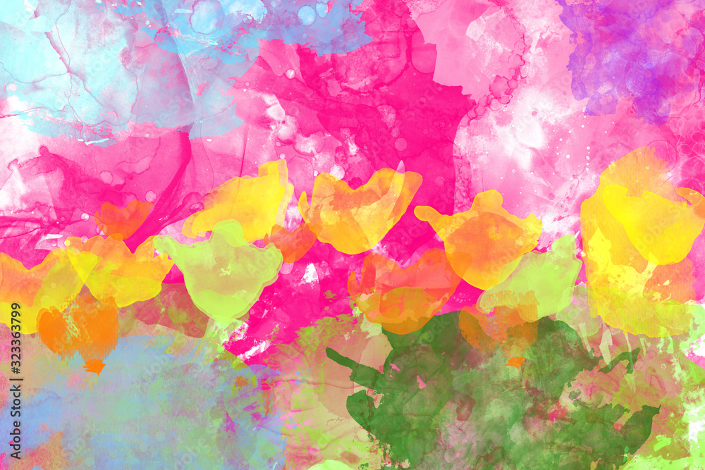 Abstract watercolor painting of flowers in spring, colorful image