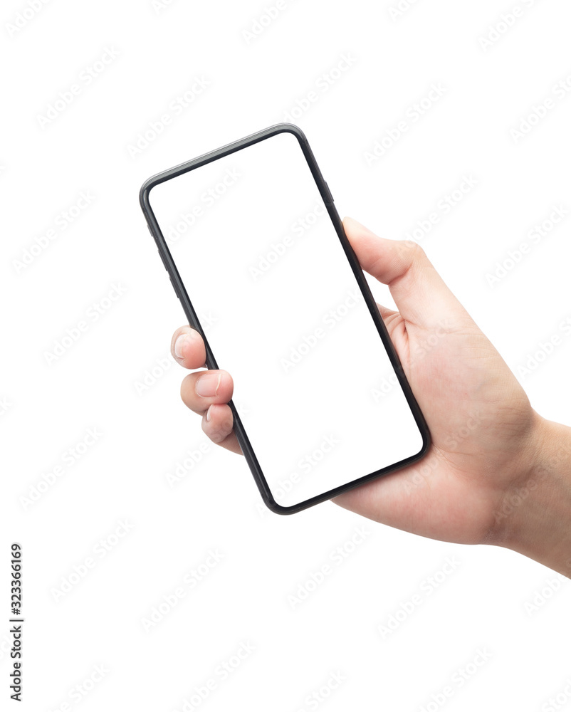 Male hand holding the black smartphone with blank screen isolated on white background with clipping path. Male hand holding the black smartphone with blank screen isolated on white background with clipping path.