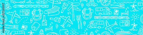 Horizontal seamless pattern with hand drawn travel doodles. Vacation background. Vector illustration.