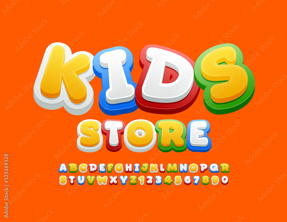 Vector colorful emblem Kids Store with playful Font. Funny bright Alphabet Letters and Numbers.